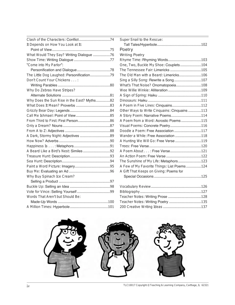 Table of contents, part 2: prose to page 102, poetry pages 103–125, Teacher Notes and 200 Creative Writing Ideas