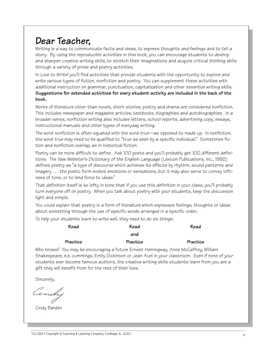 Dear Teacher letter from author Cindy Barden defining nonfiction and poetry and urging 'Read and Practice'