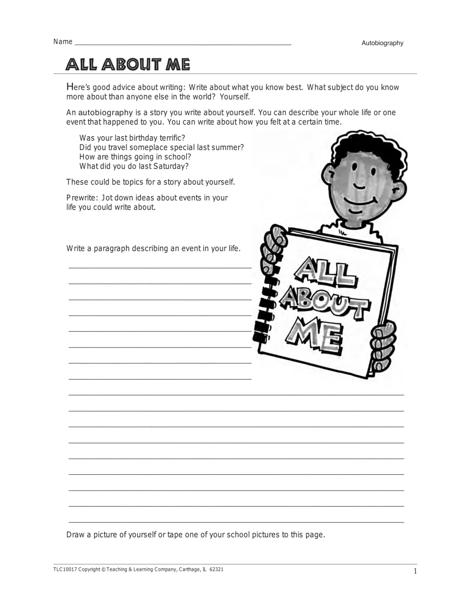 Activity page 1, All About Me: autobiography prompts, prewriting and a paragraph about an event in your life