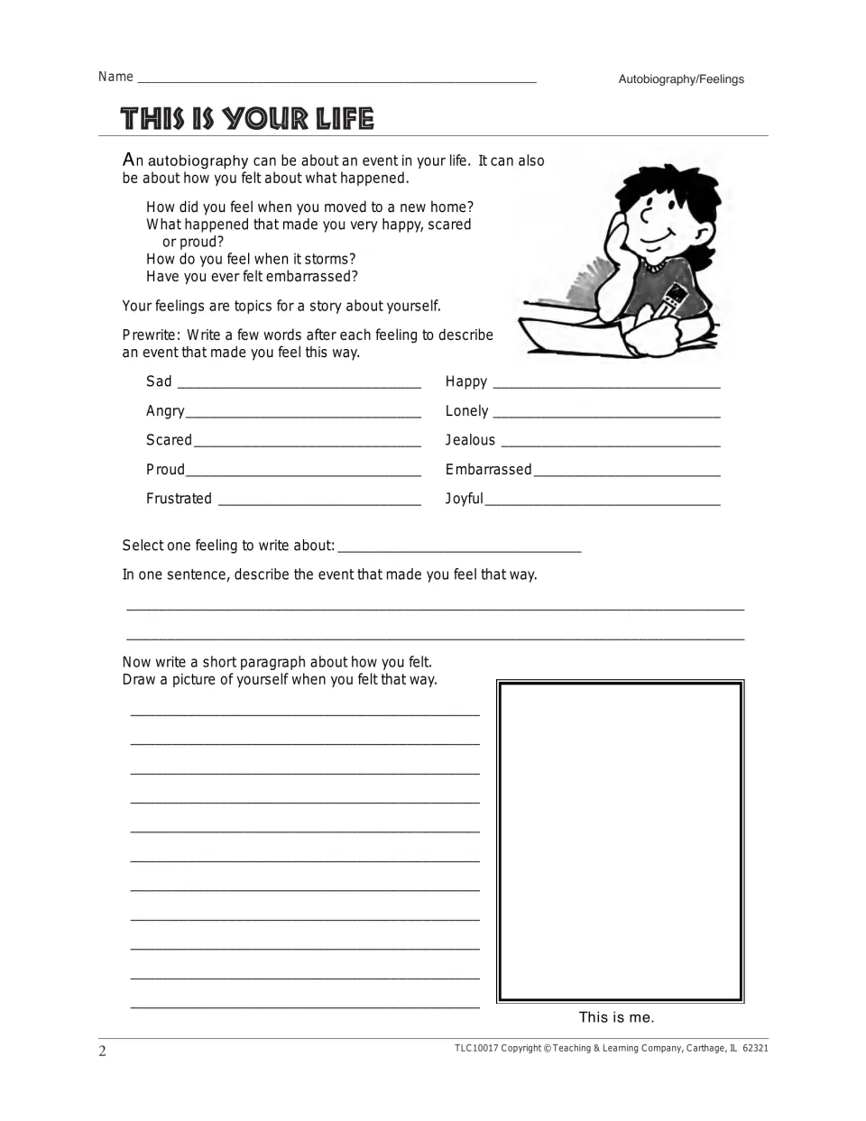 Activity page 2, This Is Your Life: feelings such as sad, proud and jealous linked to events, plus a self-portrait