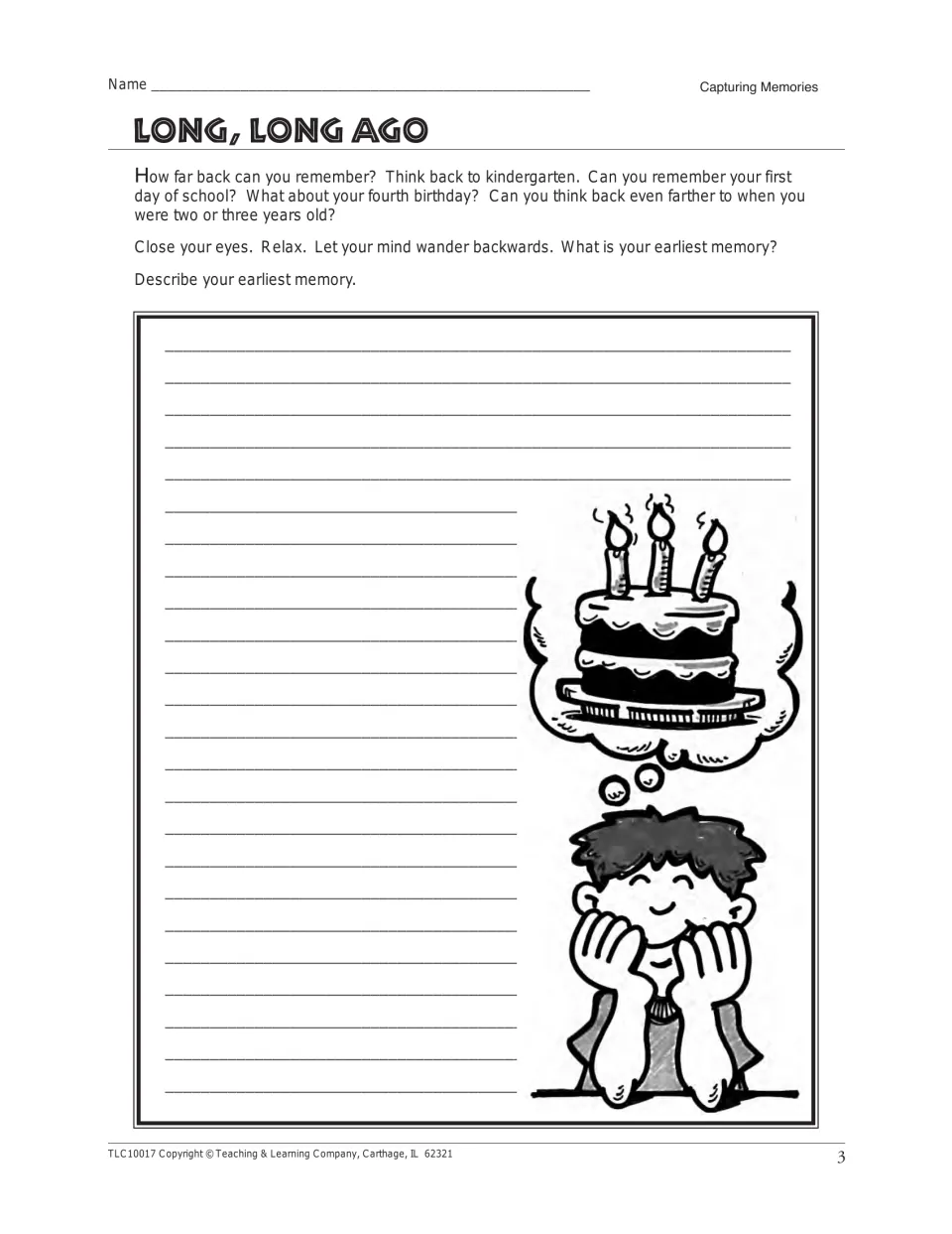 Activity page 3, Long, Long Ago: describe your earliest memory, with a boy dreaming of a birthday cake