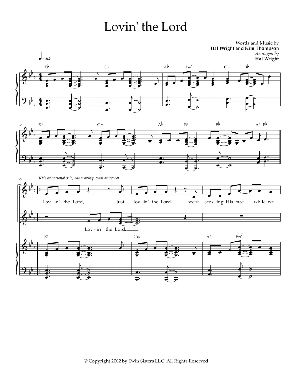 Lovin' the Lord, page 1: piano intro in E-flat with chord symbols, then the kids or solo vocal line starts at bar 9