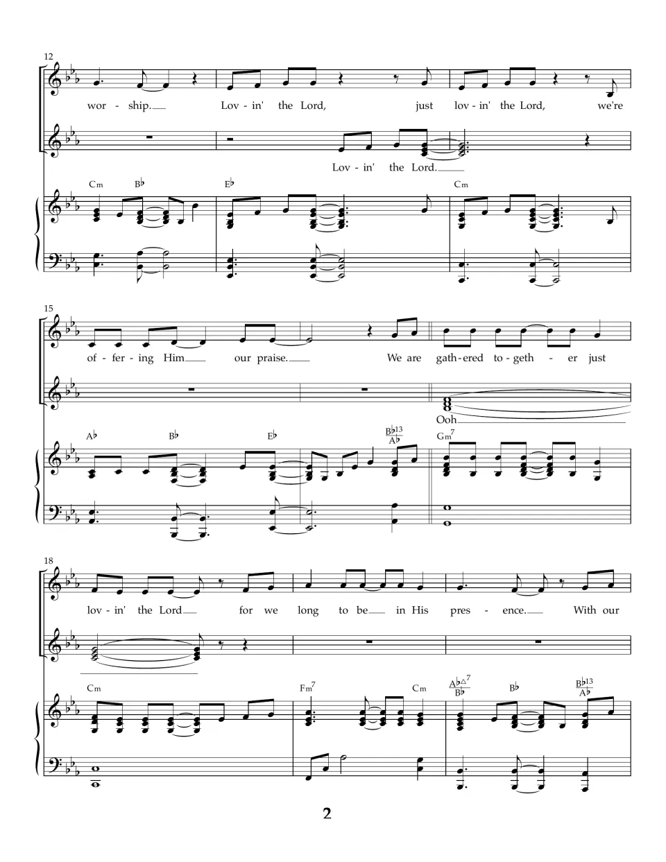 Song, bars 12-20: melody sings 'offering Him our praise' and 'we are gathered together' as a second part holds 'Ooh'