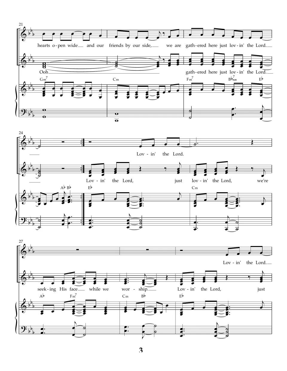 Song, bars 21-29: both voices sing 'gathered here' in harmony, then after the repeat the parts trade lines over piano