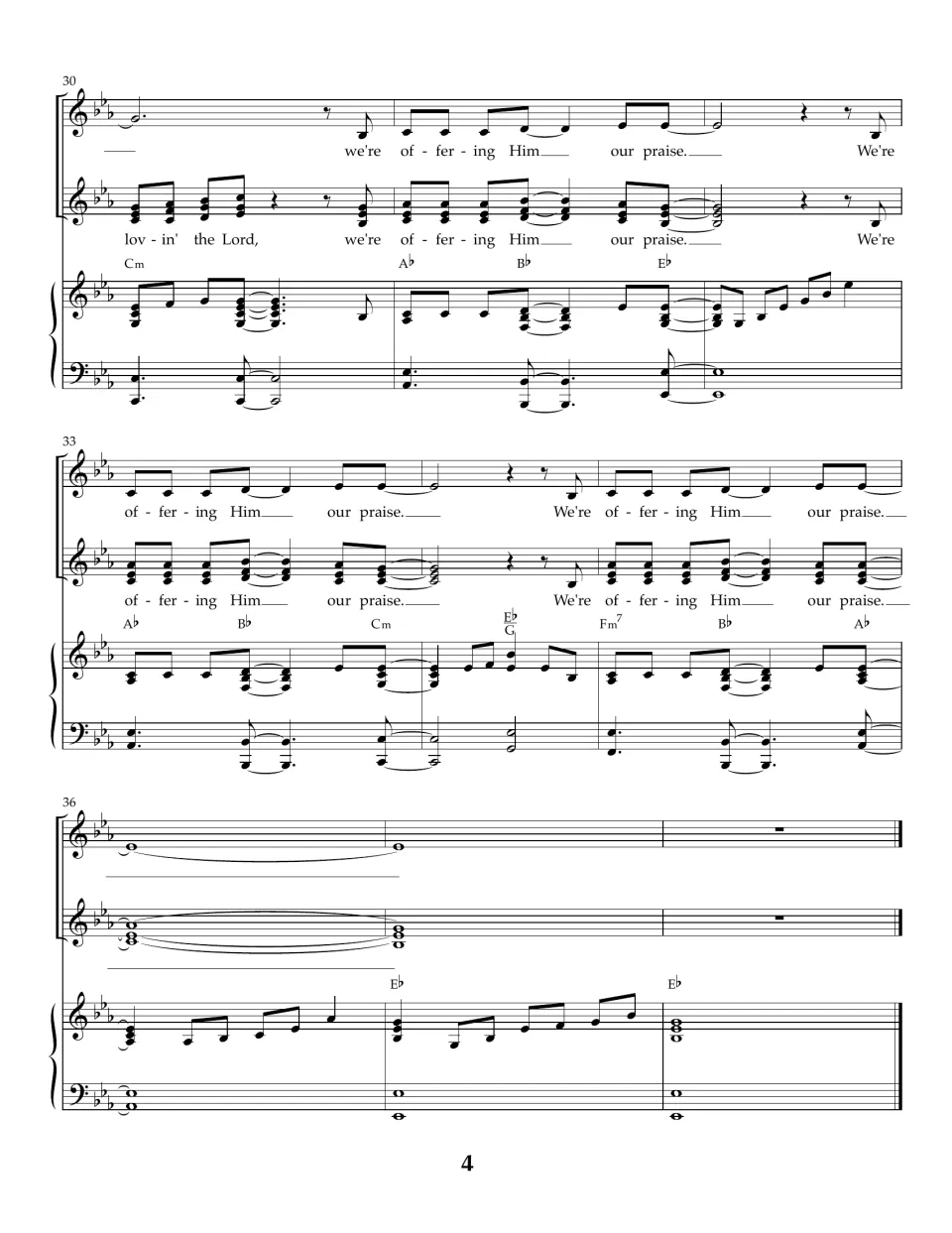 Song ending, bars 30-38: both vocal parts repeat 'we're offering Him our praise' before a held final note in E-flat