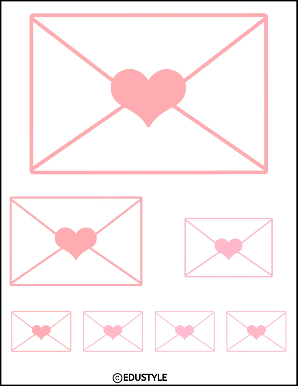 Seven envelope cutouts in different sizes with pale pink hearts for Valentine's Day bulletin board and door decor