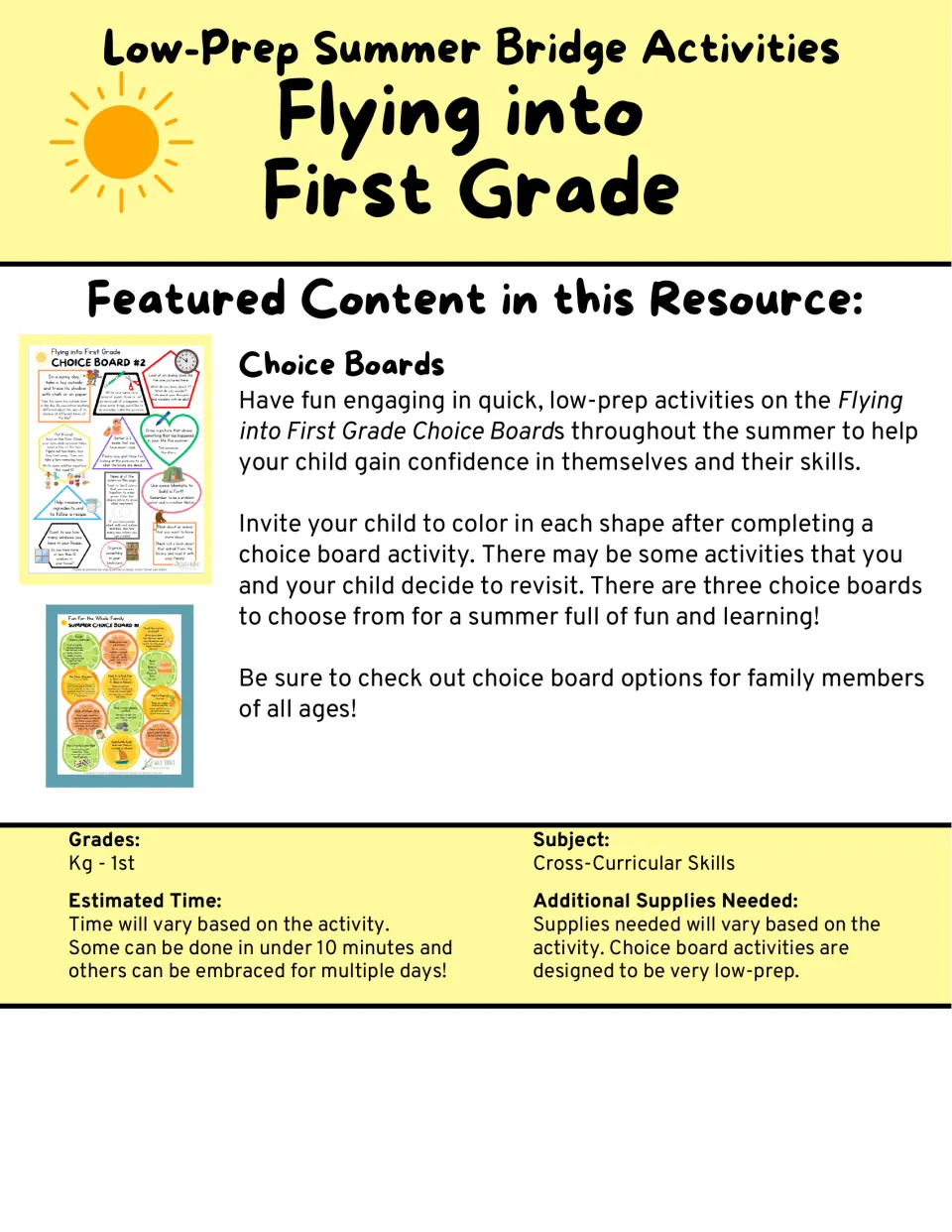 Flying into First Grade summer bridge cover: three choice boards; children color each shape after finishing an activity