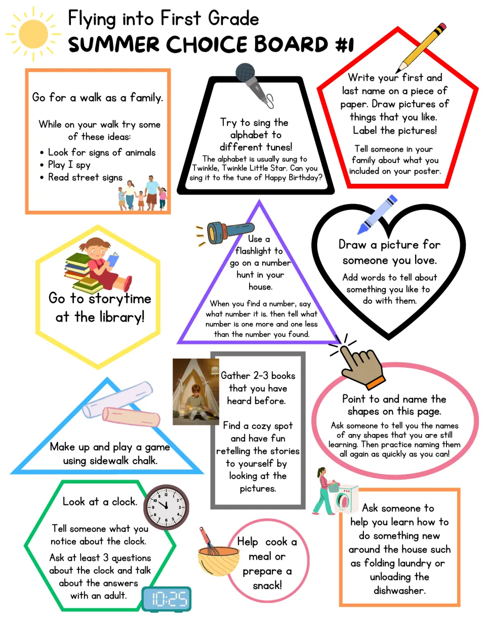 Summer Choice Board #1: family tasks like a flashlight number hunt, singing the alphabet, naming shapes and reading a clock