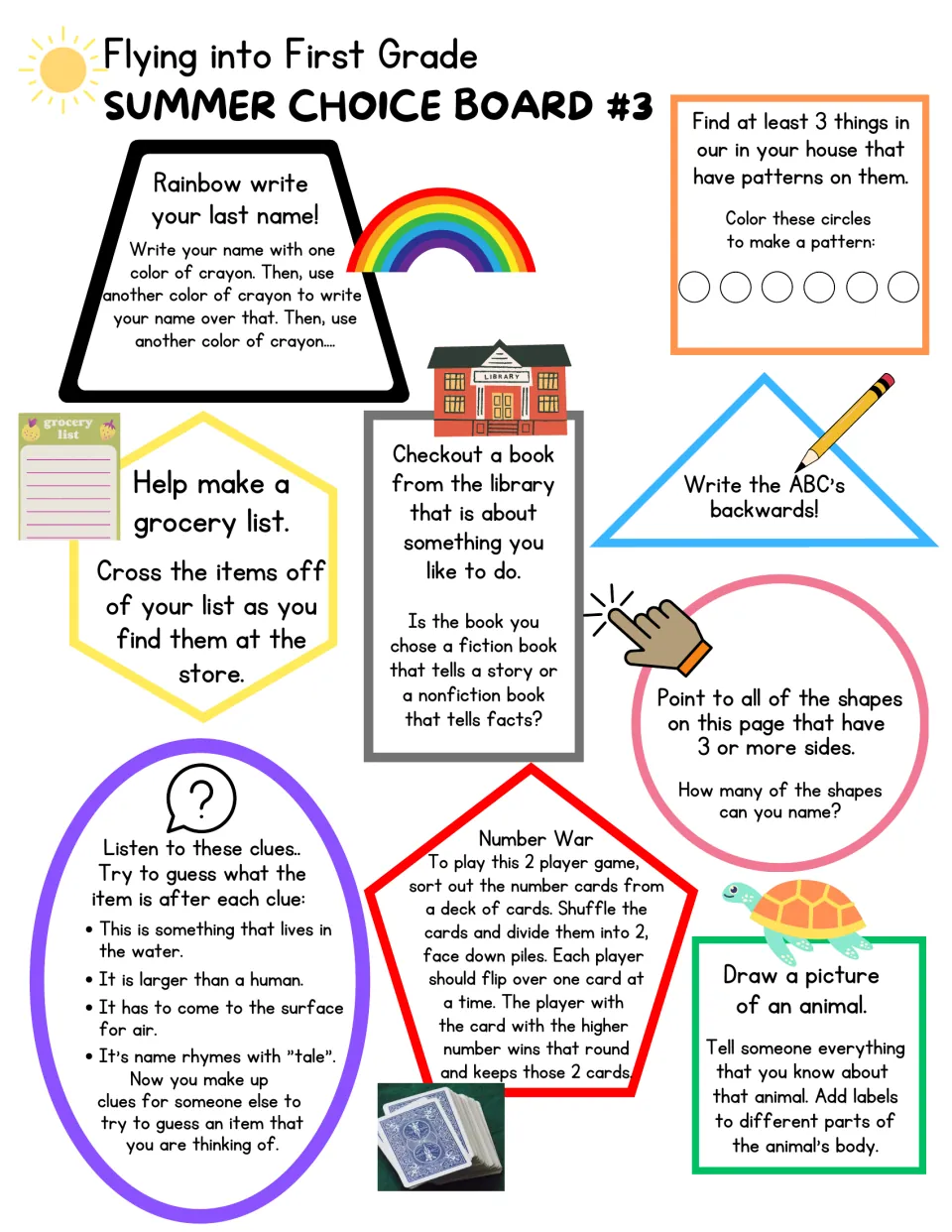 Summer Choice Board #3: rainbow-writing a last name, coloring a pattern, Number War card game and solving a clue riddle