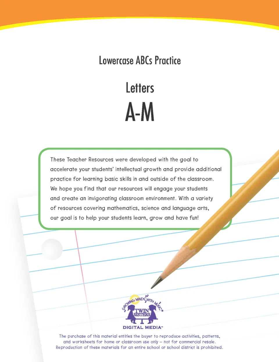 Lowercase ABCs Practice, Letters A-M cover by Twin Sisters Digital Media, showing a pencil on lined notebook paper