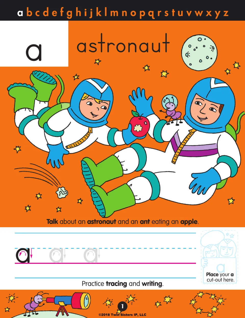 Letter a: students talk about two astronauts and an ant eating an apple, then trace and write lowercase a on the lines