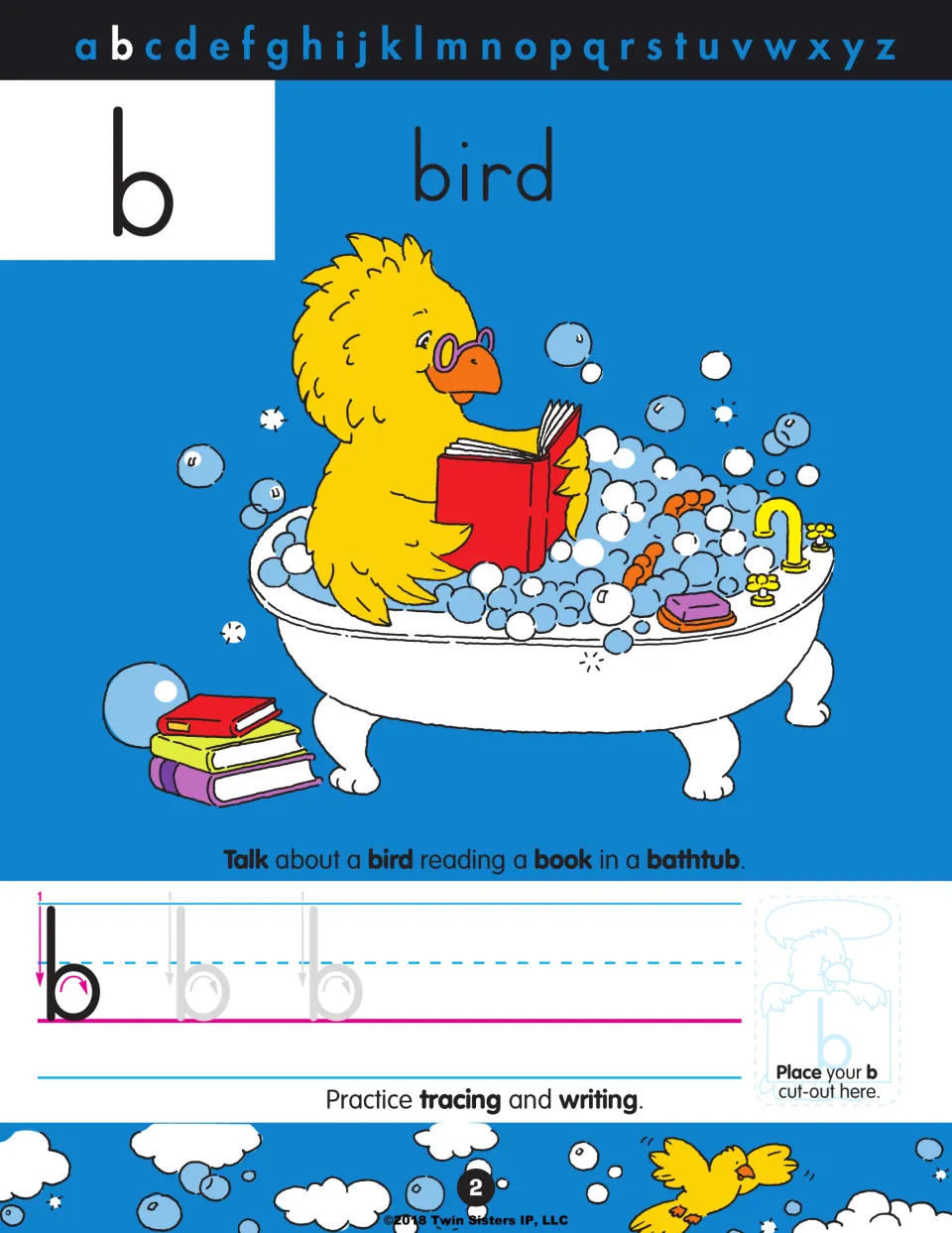 Letter b: a bird reads a book in a bubble bath; students describe the scene and trace lowercase b with stroke arrows
