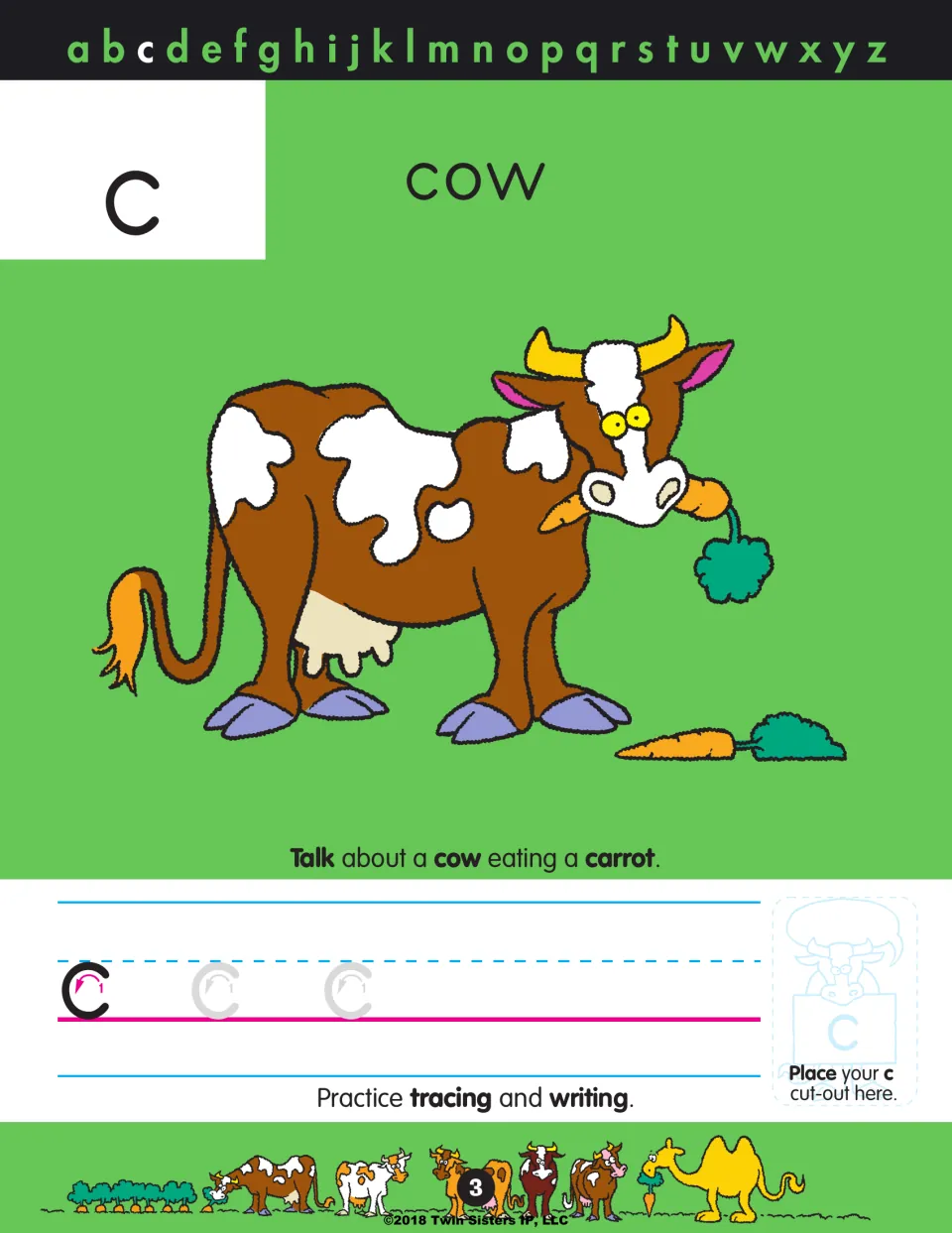 Letter c: a spotted cow eats a carrot; students talk about the picture, then trace and write lowercase c from the model