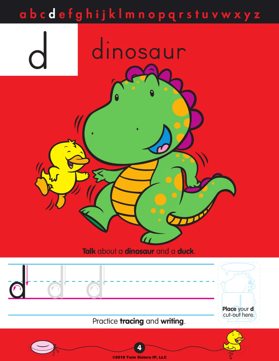 Letter d: a green dinosaur dances with a yellow duck; students discuss them and practise tracing and writing lowercase d