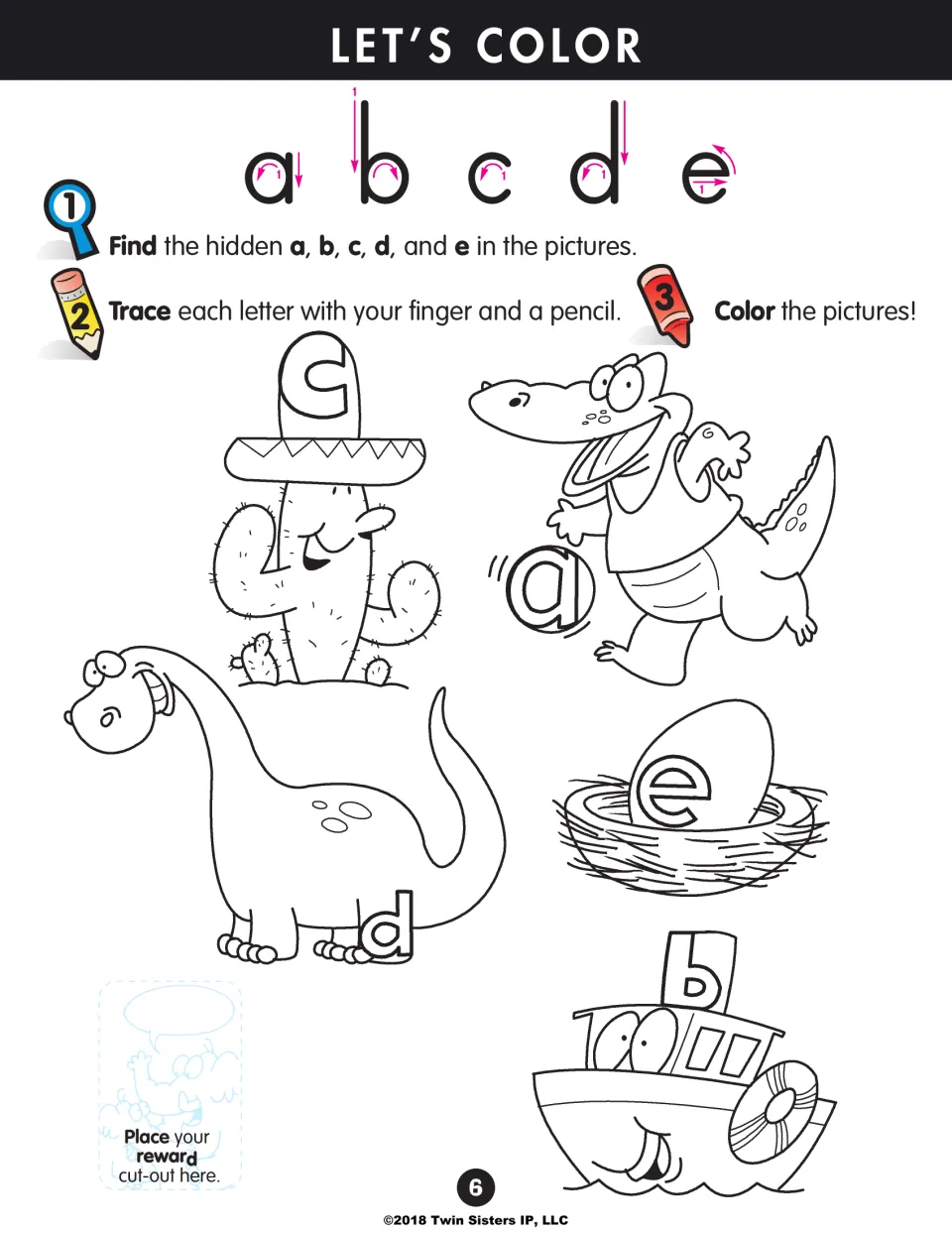 Let's Color review of a to e: students find letters hidden in a cactus, alligator, dinosaur, egg and boat, trace and color