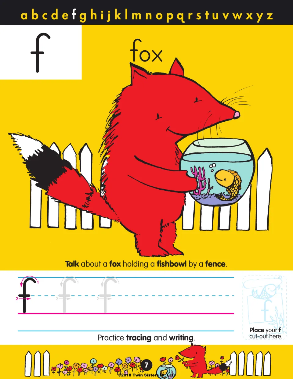 Letter f: a red fox holds a fishbowl by a picket fence; students talk about the scene and trace lowercase f in two strokes