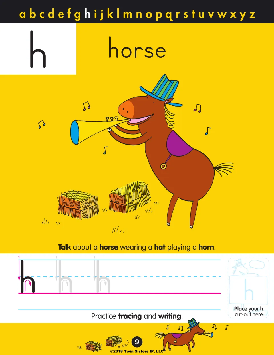 Letter h: a horse in a striped hat plays a horn by hay bales; students talk about it, then trace and write lowercase h