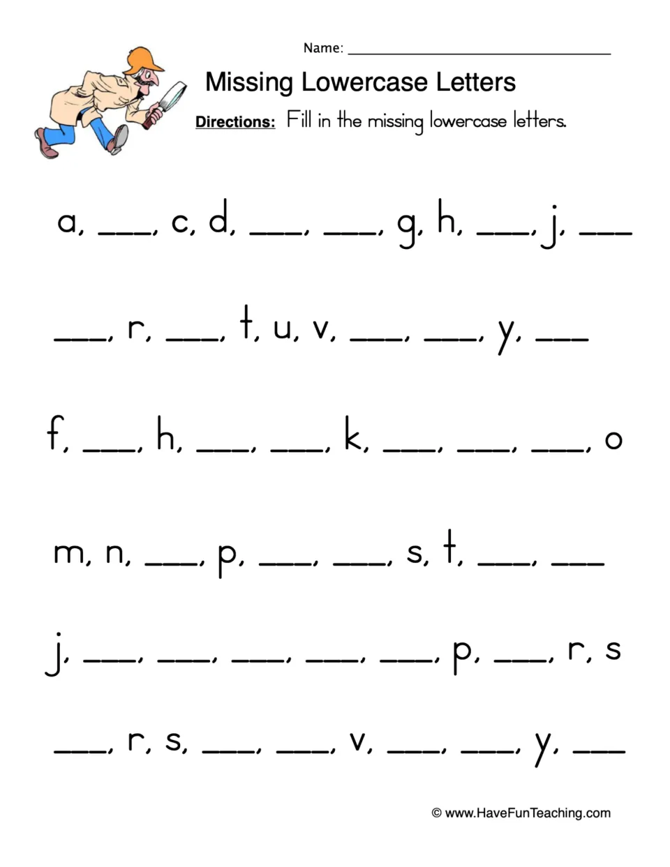 Missing Lowercase Letters: students write the missing letters in six alphabet sequences to practise alphabetical order