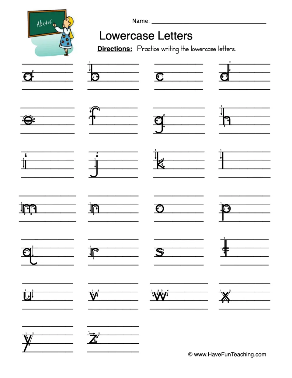 Lowercase letters a to z handwriting practice: students follow the numbered stroke-order arrows and copy each letter