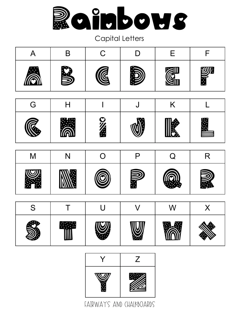 Uppercase font reference showing all 26 letters A–Z in the rainbow-themed alphabet for teaching materials.