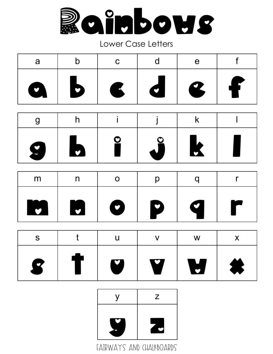 Lowercase font reference showing all 26 letters a–z in the hand-lettered alphabet for teaching materials.