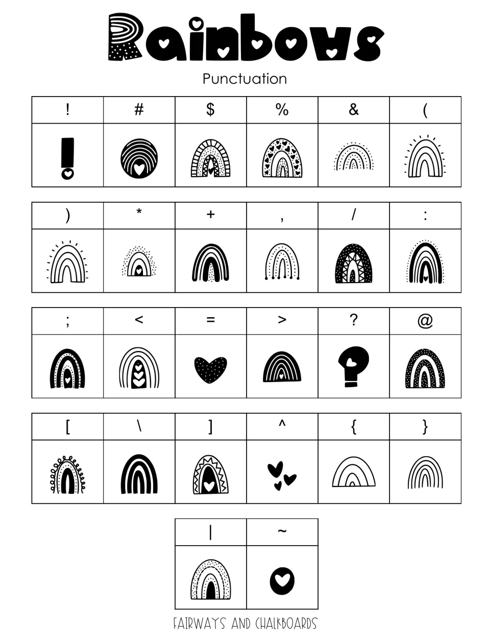 Punctuation reference showing 26 keyboard characters mapped to rainbow doodles, hearts, and punctuation marks.