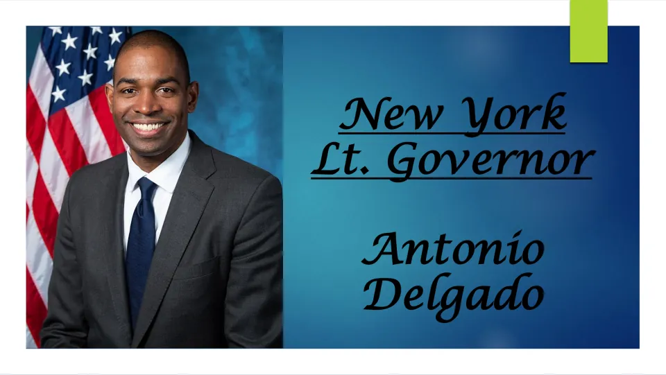 Biography presentation cover identifying Antonio Delgado as New York lieutenant governor, with his portrait