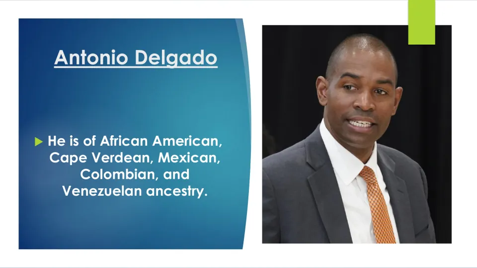 Biography slide listing Delgado's African American, Cape Verdean, Mexican, Colombian, and Venezuelan ancestry
