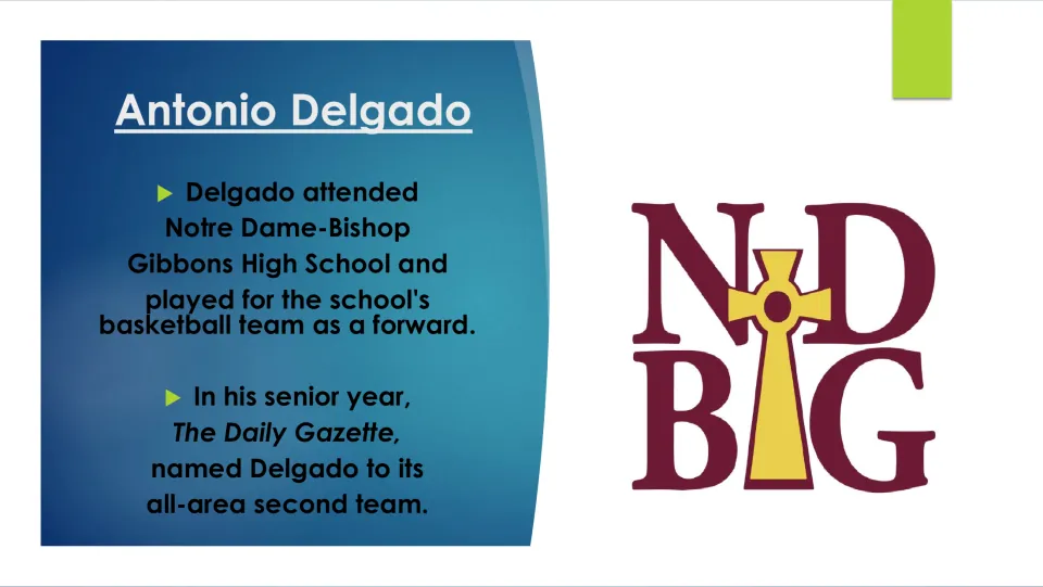 Biography slide covering Delgado's basketball years at Notre Dame-Bishop Gibbons and an all-area honor