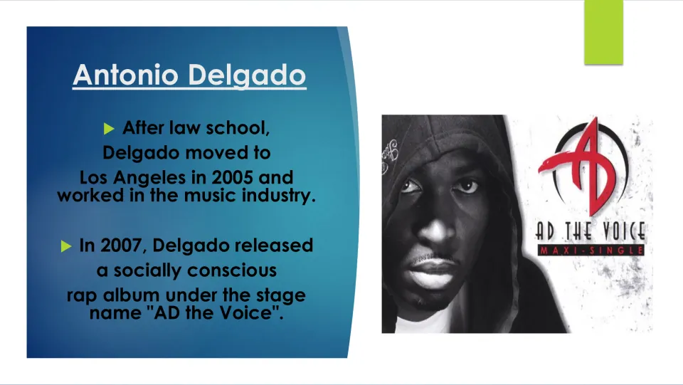 Biography slide covering Delgado's 2005 move to Los Angeles and 2007 rap album under the name AD the Voice