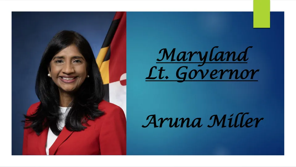 Biography presentation cover introducing Aruna Miller as Maryland lieutenant governor, with her portrait