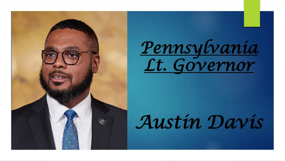 Biography presentation cover naming Austin Davis as Pennsylvania Lt. Governor and showing his portrait