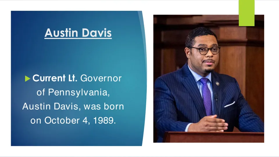 Biography slide 2 gives Austin Davis's birthdate as October 4, 1989, beside a photograph of him speaking