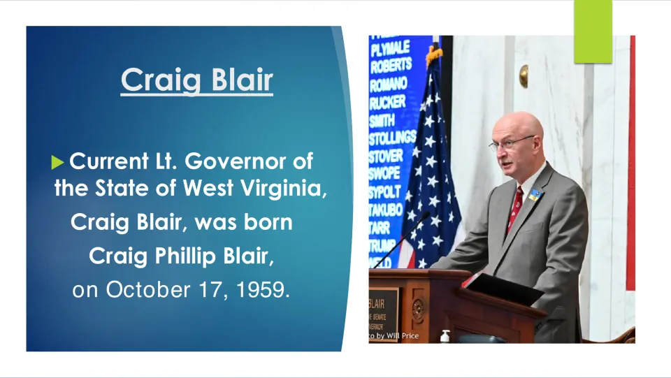 Biography slide giving Craig Blair’s full name, Craig Phillip Blair, and birthdate of October 17, 1959
