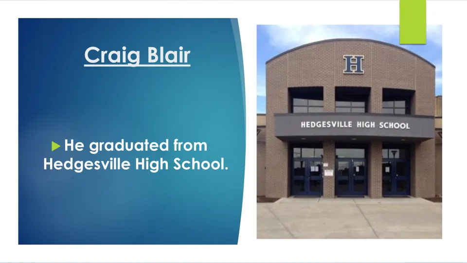 Biography slide stating that Craig Blair graduated from Hedgesville High School, with a school photo