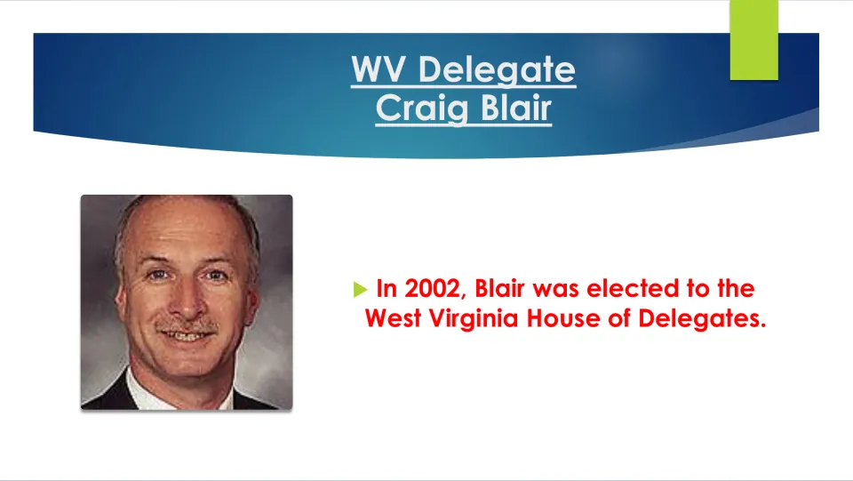 Biography slide marking Craig Blair’s 2002 election to the West Virginia House of Delegates, with his portrait