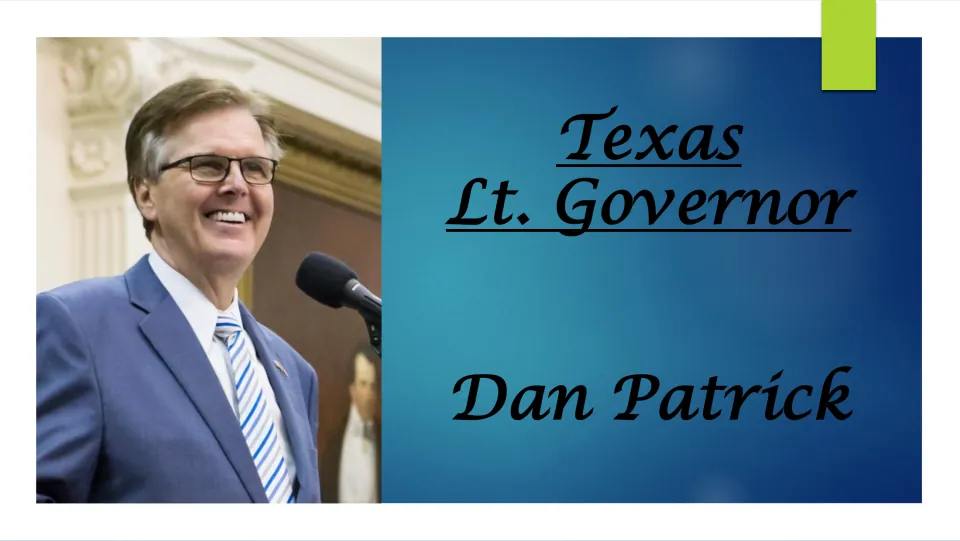 Biography presentation cover introducing Dan Patrick as Texas lieutenant governor, with his portrait