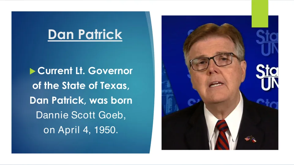 Biography slide identifying Dan Patrick's birth name as Dannie Scott Goeb and birth date as April 4, 1950