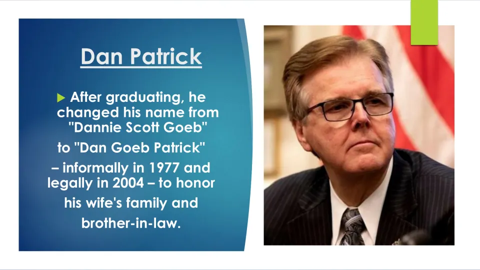 Biography slide explaining Patrick's name change to Dan Goeb Patrick, informally in 1977 and legally in 2004