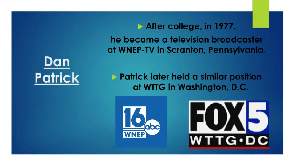 Biography slide tracing Patrick's television work at WNEP-TV in Scranton and later WTTG in Washington, D.C.