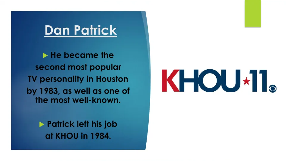 Biography slide describing Patrick's Houston TV popularity by 1983 and his departure from KHOU in 1984