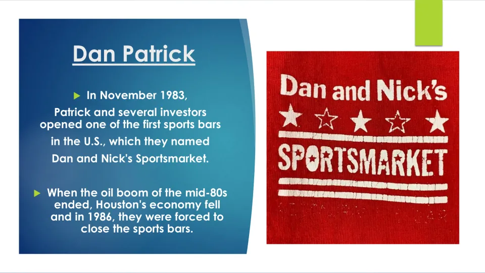 Biography slide covering Dan and Nick's Sportsmarket opening in November 1983 and the bars closing in 1986