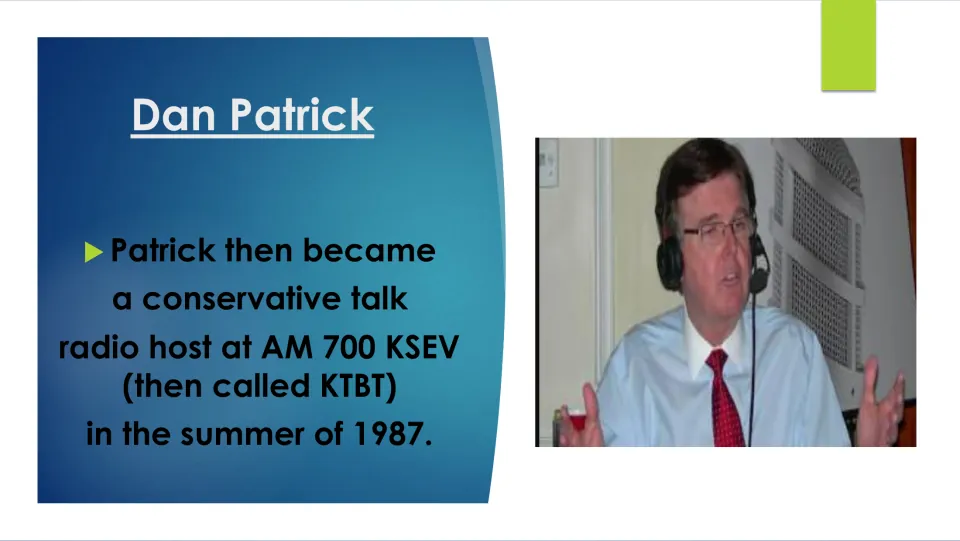Biography slide describing Patrick's start as a conservative talk radio host at AM 700 KSEV in summer 1987