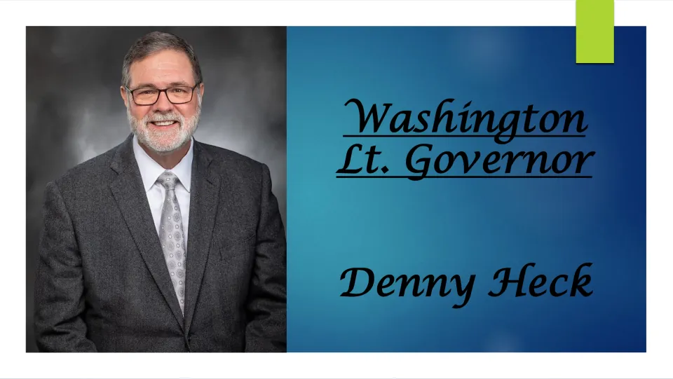 Biography presentation cover introducing Washington Lt. Governor Denny Heck with his name and portrait
