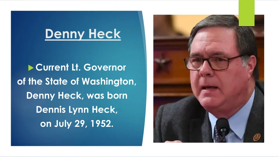 Biography slide identifying Denny Heck as Dennis Lynn Heck, born July 29, 1952, with a photograph of him