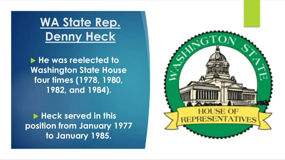Political career slide listing Denny Heck’s four House reelections and stating service from January 1977 to 1985