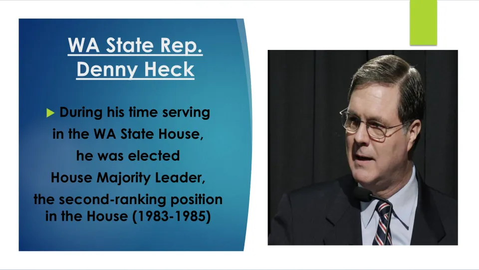 Political career slide identifying Denny Heck as Washington House Majority Leader from 1983 to 1985