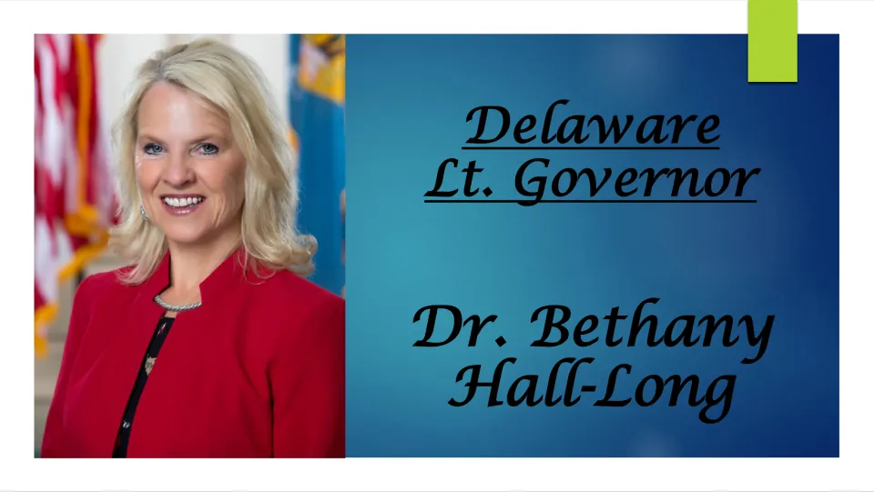 Biography cover identifying Dr. Bethany Hall-Long as Delaware Lt. Governor, alongside her portrait