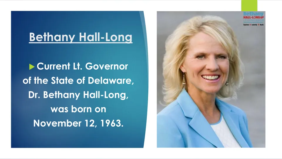 Biography slide giving Bethany Hall-Long’s birth date as November 12, 1963, alongside her portrait