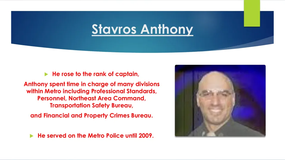 Biography slide covering Anthony’s rise to police captain, division leadership, and service until 2009